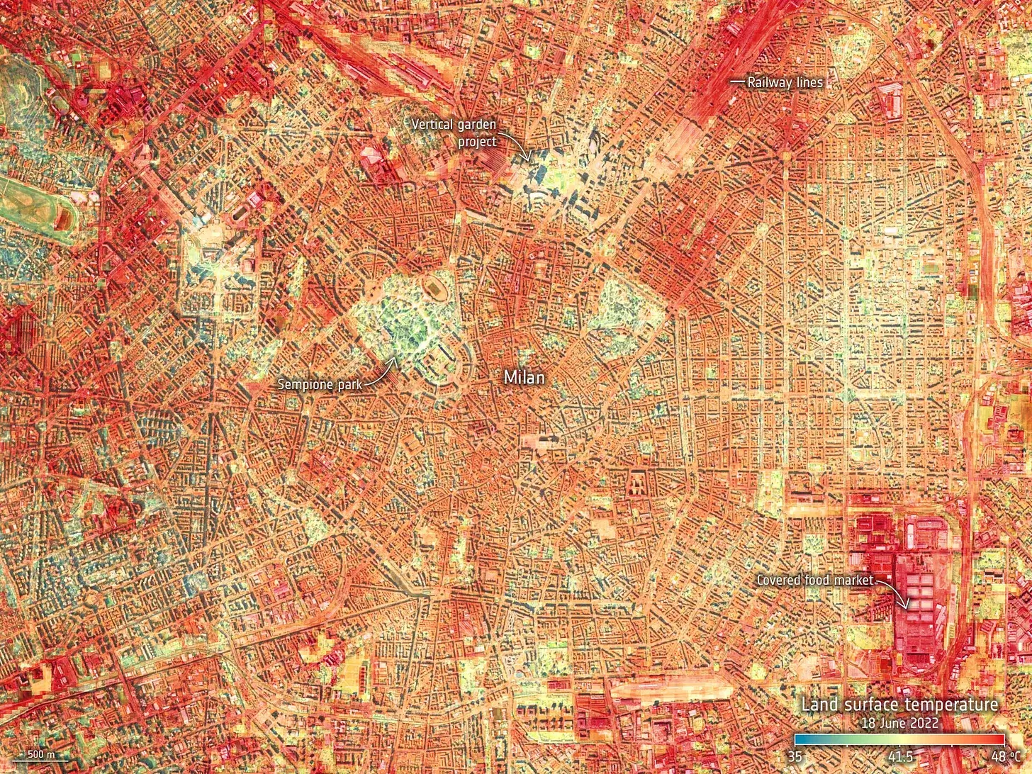 ESA images of Milan with lower temperatures in green zones